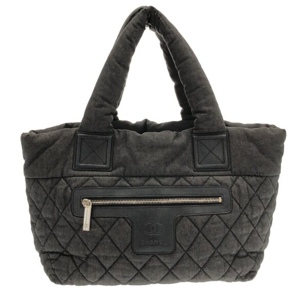 Auth CHANEL Coco Cocoon PM Black Denim Leather Tote Bag - Picture 1 of 9